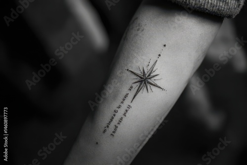 Intricate ink design of a compass star tattoo on a forearm.