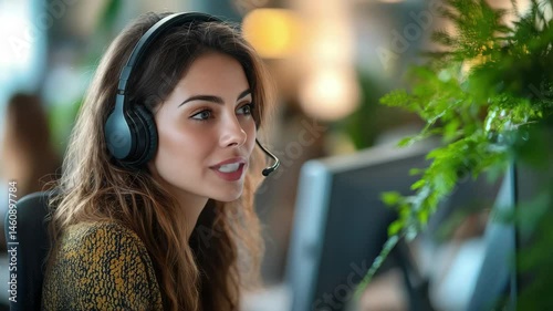 Woman wearing headphones and smiling. She is sitting in front of a computer. Concept of happiness and relaxation