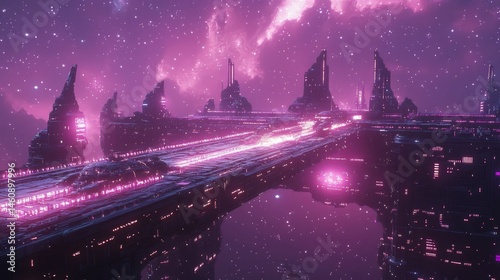 dramatic intergalactic space station with glowing force fields and massive ships docking under a starry sky, Generative AI