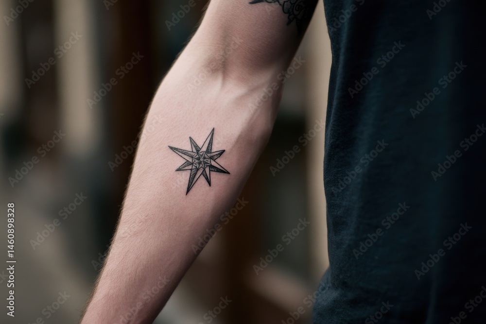 Obraz premium Close-up view of a stylized star tattoo on a forearm.