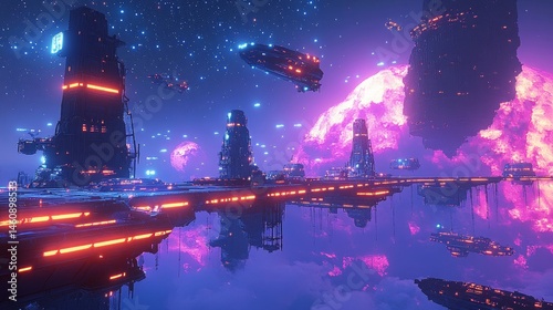 dramatic intergalactic space station with glowing force fields and massive ships docking under a starry sky, Generative AI
