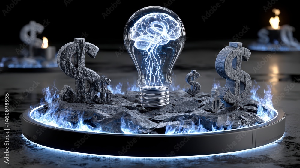 Glowing Brain Lightbulb Currency Symbols Finance Innovation Idea