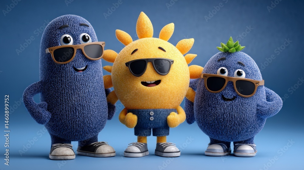 Happy Sun Friends Summer Fun Cartoon Characters 3D Render