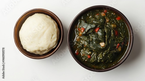 Flat lay of fufu paired Congolese cassava leaf stew a clean white background staple dish from the Congo earthy green saka saka with garlic and peanut flavor cut out on isolated transparent background