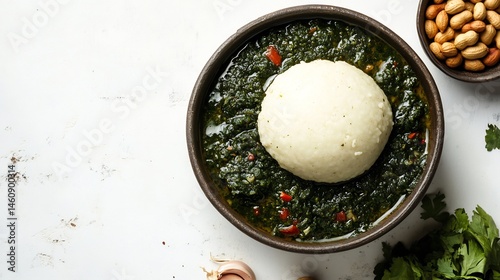 Flat lay of fufu paired Congolese cassava leaf stew a clean white background staple dish from the Congo earthy green saka saka with garlic and peanut flavor cut out on isolated transparent background