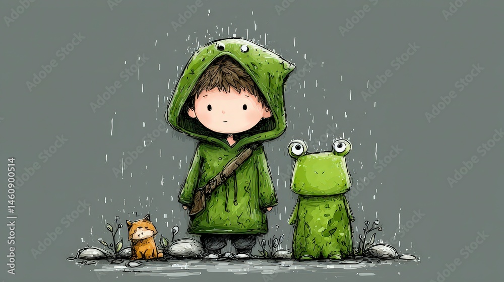 Child in Frog Hoodie with Friends in Rain Cute Illustration