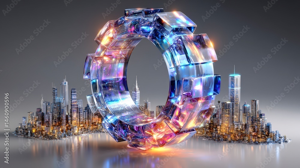 Abstract 3D Glass Ring Cityscape Background Futuristic Technology Holographic Design