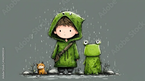 Obraz na płótnie Child in Frog Hoodie with Friends in Rain Cute Illustration w salonie