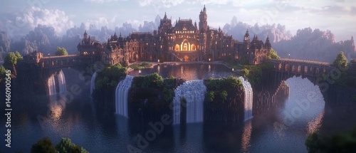 magical castle on a floating island surrounded by waterfalls and connected to the ground by a shimmering bridge, Generative AI