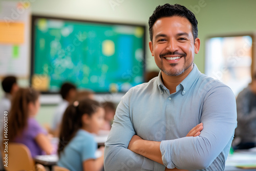 Hispanic teacher smiling with arms crossed in classroom with students learning
