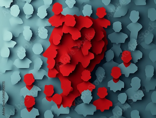 Silhouettes of heads create the shape of another head in red with gray head silhouettes surrounding it