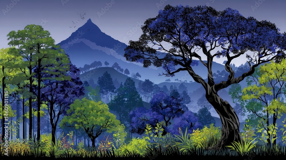 Serene Mountain Landscape Minimalist Nature Scene with Trees and Hills