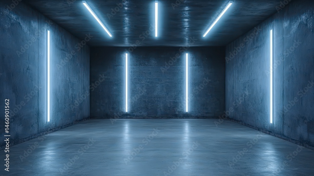 Modern Concrete Garage Studio Minimalist Interior with Neon Lights