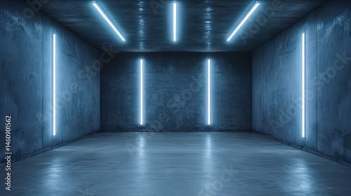Modern Concrete Garage Studio  Minimalist Interior with Neon Lights