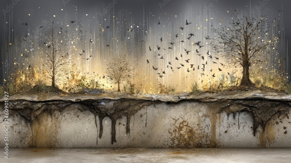 Surreal Landscape Trees Birds Golden Dust Decaying Wall Nature Abstract Art