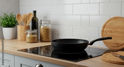 Black frying pan on a modern black induction hob with dry ingredients and utensils on a clean kitchen counter