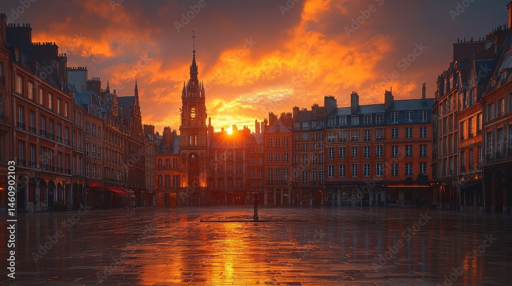Fototapeta premium Dramatic cityscape view at sunrise over a European plaza.