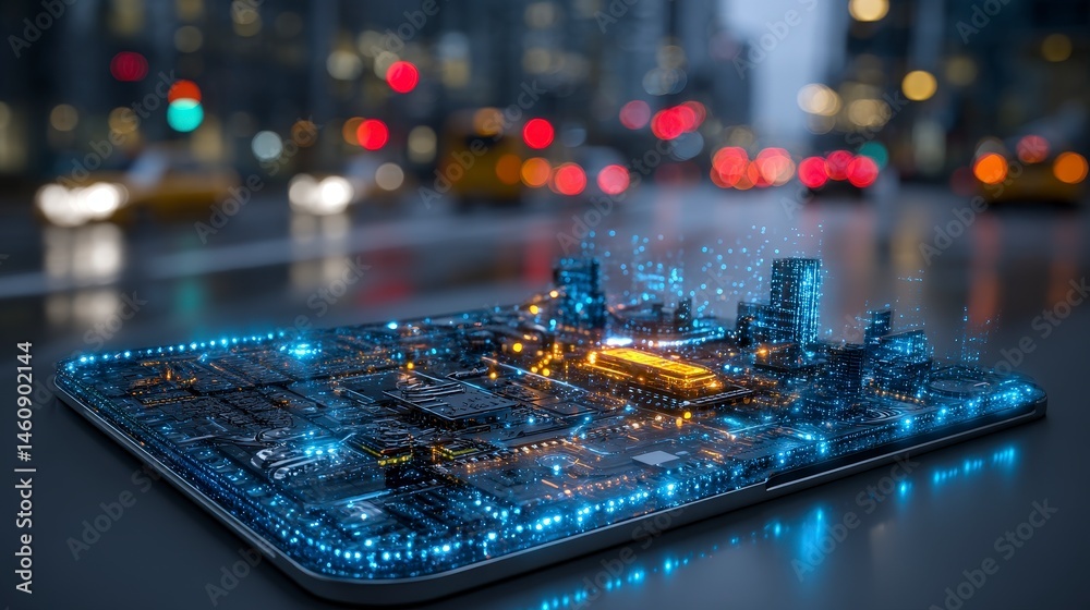 Smart City Digital Technology Circuit Board Tablet Night Cityscape