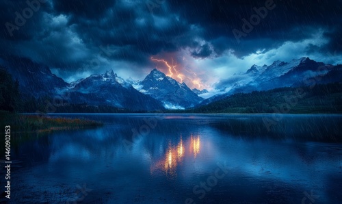 dramatic stormy sky over a mountain lake with lightning illuminating the peaks and rain splashing on the water, Generative AI