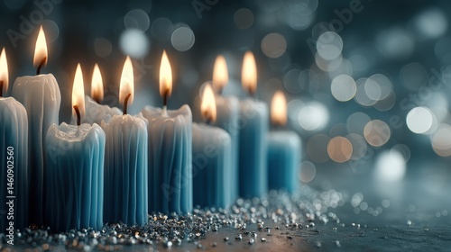 A row of blue candles, illuminated by their soft, flickering flames, sit on a bed of sparkling crystals. ..Created with Generative AI, not depicting real subjects.