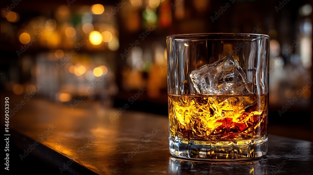 Whiskey with ice rests on a bar with warm lighting Whiskey with ice rests on a bar with warm lighting