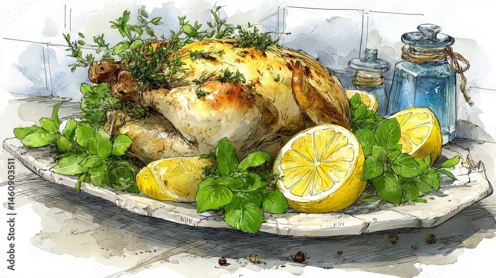 Roasted Chicken with Lemon Herbs Watercolor Illustration
