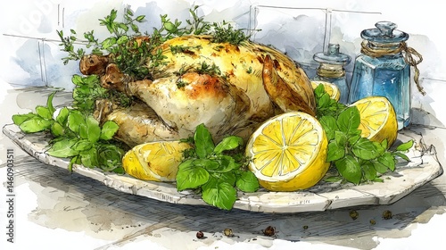 Obraz na płótnie Roasted Chicken with Lemon Herbs Watercolor Illustration w salonie