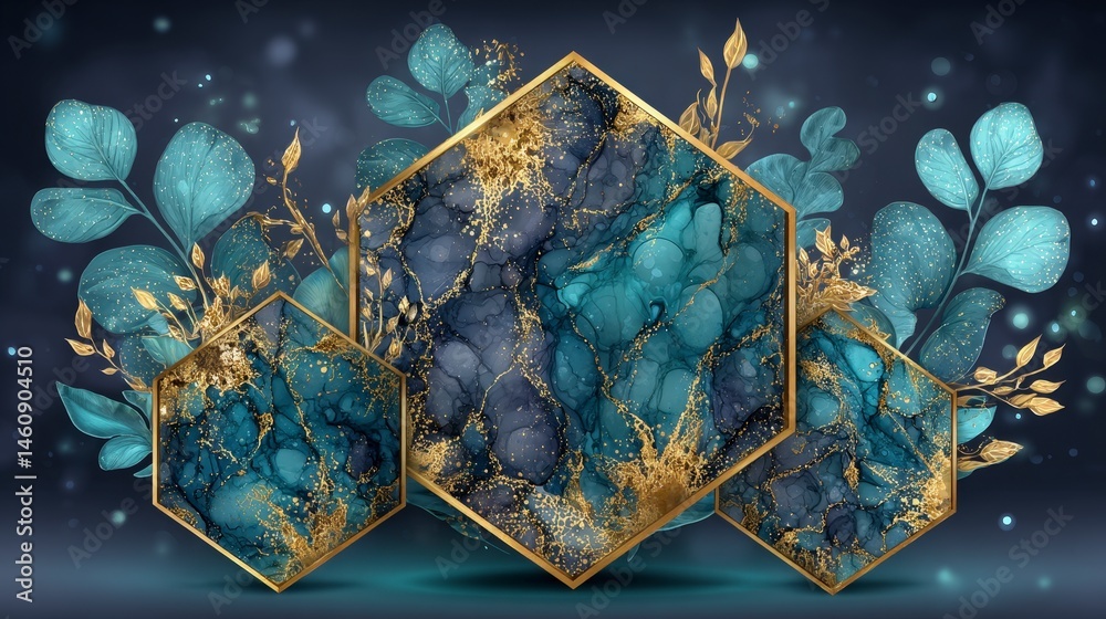 Elegant Teal Gold Marble Ink Hexagon Design with Leaves