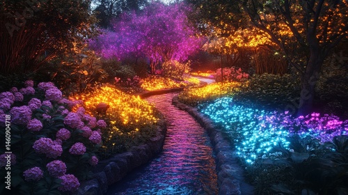 whimsical garden where flowers bloom in rainbow colors, and a small brook runs through a maze of glowing plants, Generative AI