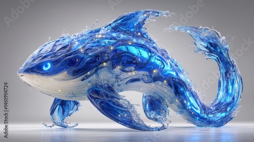 Abstract Blue Water Whale  3D Render  Aquatic Life  Ocean  Splash  Minimalist Design