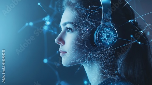 Futuristic Woman with a Digital Headset, Blending Technology and Human Interaction. Symbolizing Innovation in Communication and AI Call Center Concept.