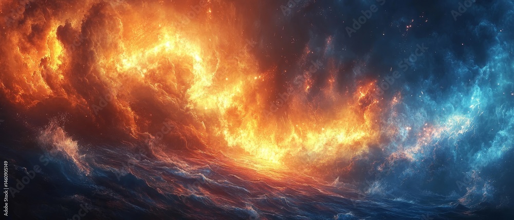 Fototapeta premium dramatic battlefield where elemental warriors clash, with fire, water, and wind creating a chaotic spectacle, Generative AI