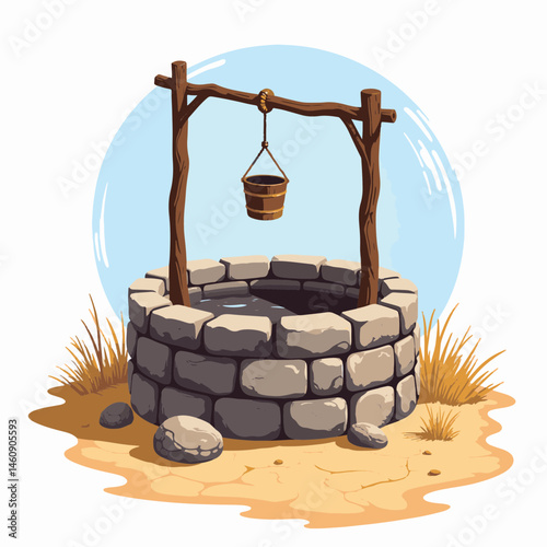Rustic stone well with wooden bucket in arid landscape, simplicity