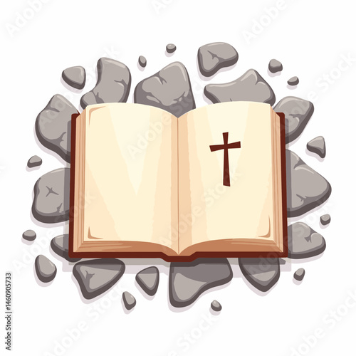 Open prayer book on broken altar stones, symbol of faith