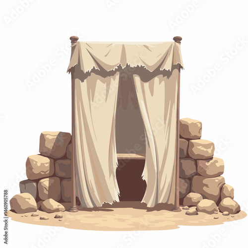 A worn voting booth with draped fabric by crumbling ruins, democracy