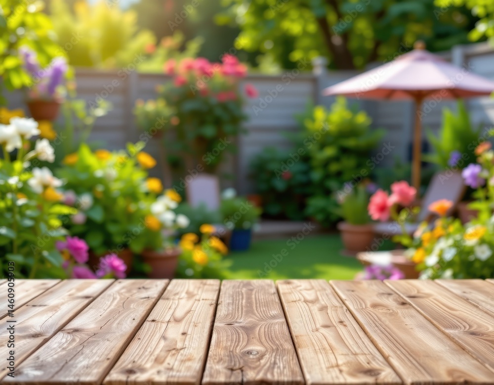 Fototapeta premium create an exuberant and bright photo of a wooden table top with a blurred garden background, place a clear subject on the left side of the image with ample copy space to the right