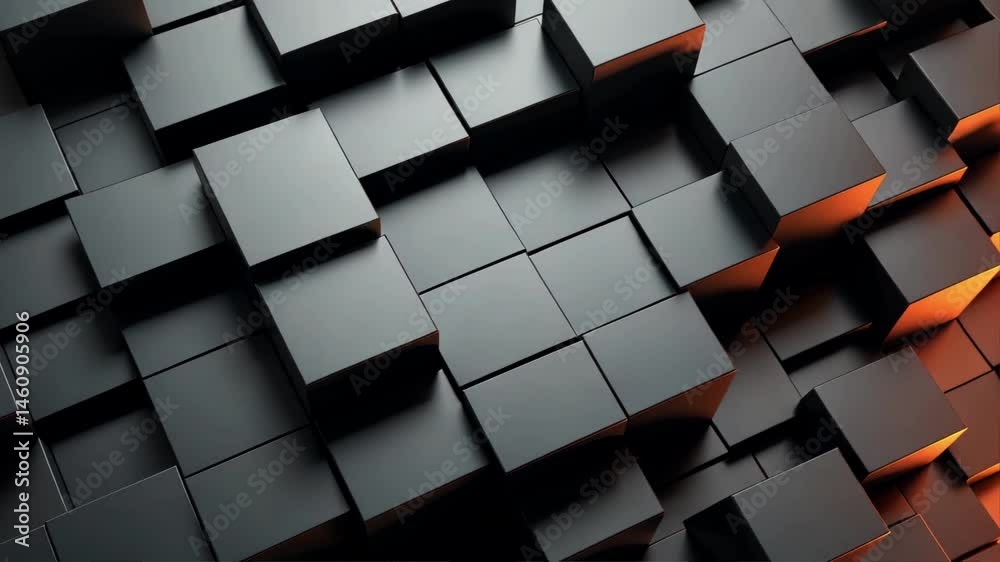 A captivating display features numerous adjacent, dark, cubes with bronze edges illuminated in geometric, abstract architectural arrangement. 3d-style imitation