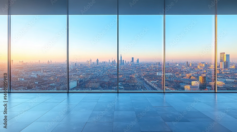 Fototapeta premium Empty modern office space with panoramic city view.