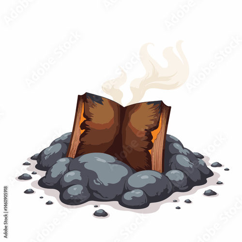 Partially burned book emerging from gray ash, loss and destruction