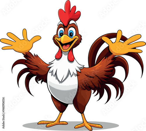 A funny cartoon rooster, chicken, and hen vector illustration showcases a cute and happy farm animal with a big smile