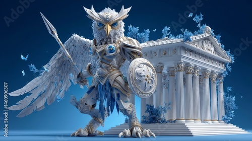 Obraz na płótnie Mythical Owl Warrior Greek Temple Fantasy Art 3D Render w salonie