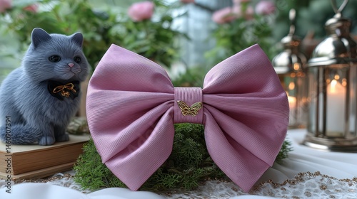 Obraz na płótnie Elegant Pink Bow Minimalist Decor Butterfly Accent Cat Figurine Romantic Style w salonie