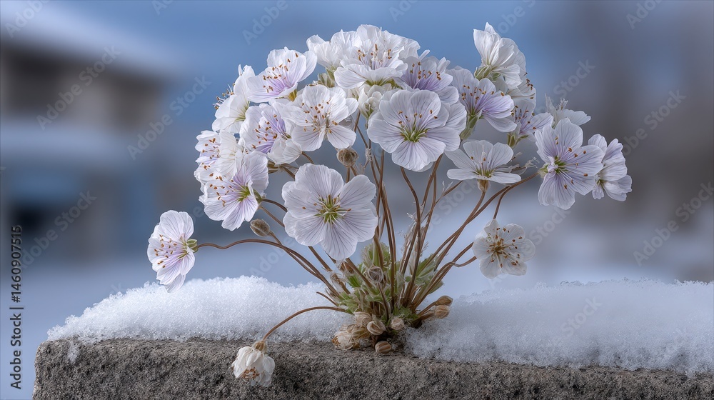Delicate White Flowers in Winter Snow Minimalist Nature Scene