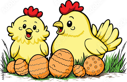 happy chickens eggs cute.eps