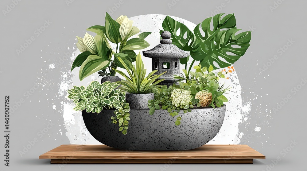 Tranquil Zen Garden Stone Pot Plants Lantern Minimalist Design