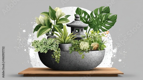 Obraz na płótnie Tranquil Zen Garden Stone Pot Plants Lantern Minimalist Design w salonie