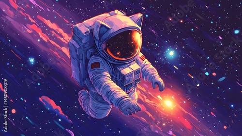 Fototapeta Naklejka Na Ścianę i Meble -  Cat astronaut in pixel art style drifting through space with a tiny spaceship and bright stars all around