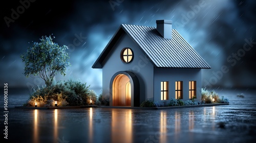 Obraz na płótnie Cozy House in Rain Night Scene Minimalist Home Modern Architecture Dream Home w salonie