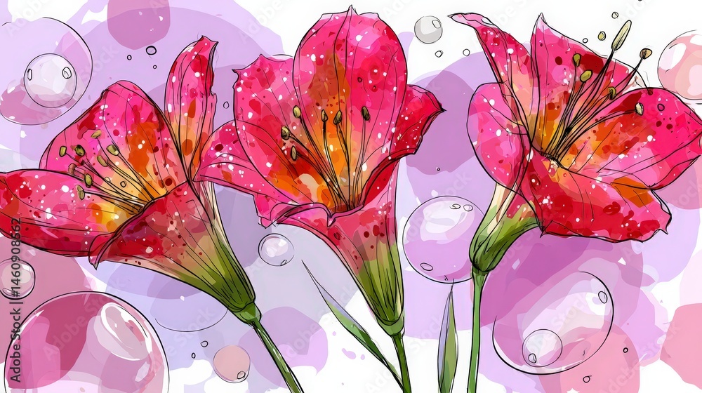 Elegant Pink Lily Flowers Watercolor Illustration Botanical Art Print Floral Design Fem