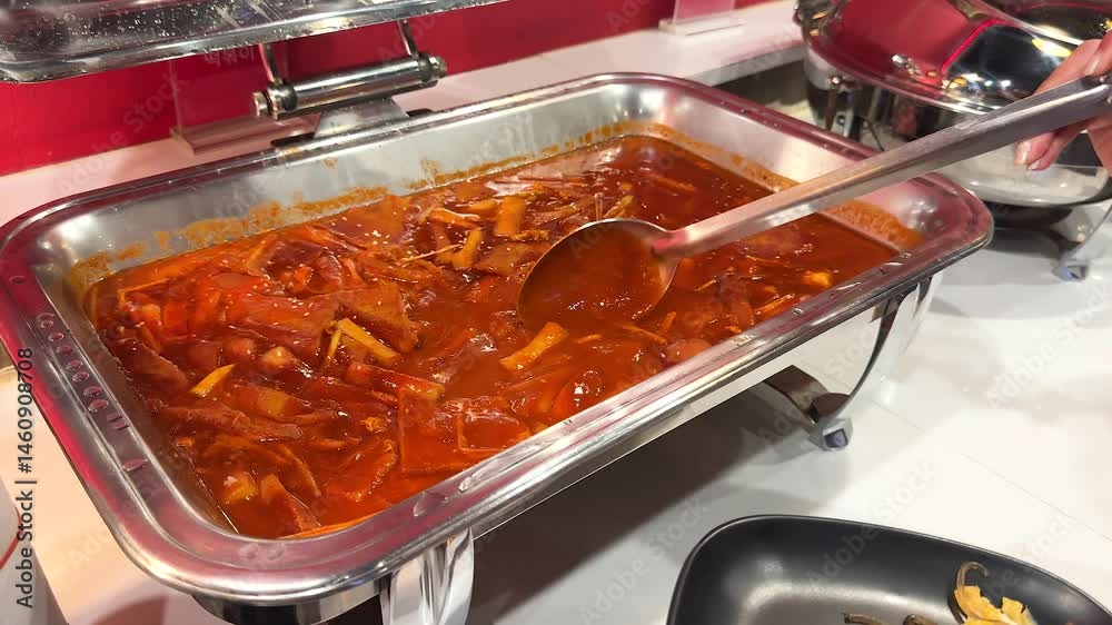 Serving Korean Tteokbokki at a Buffet in Bangkok